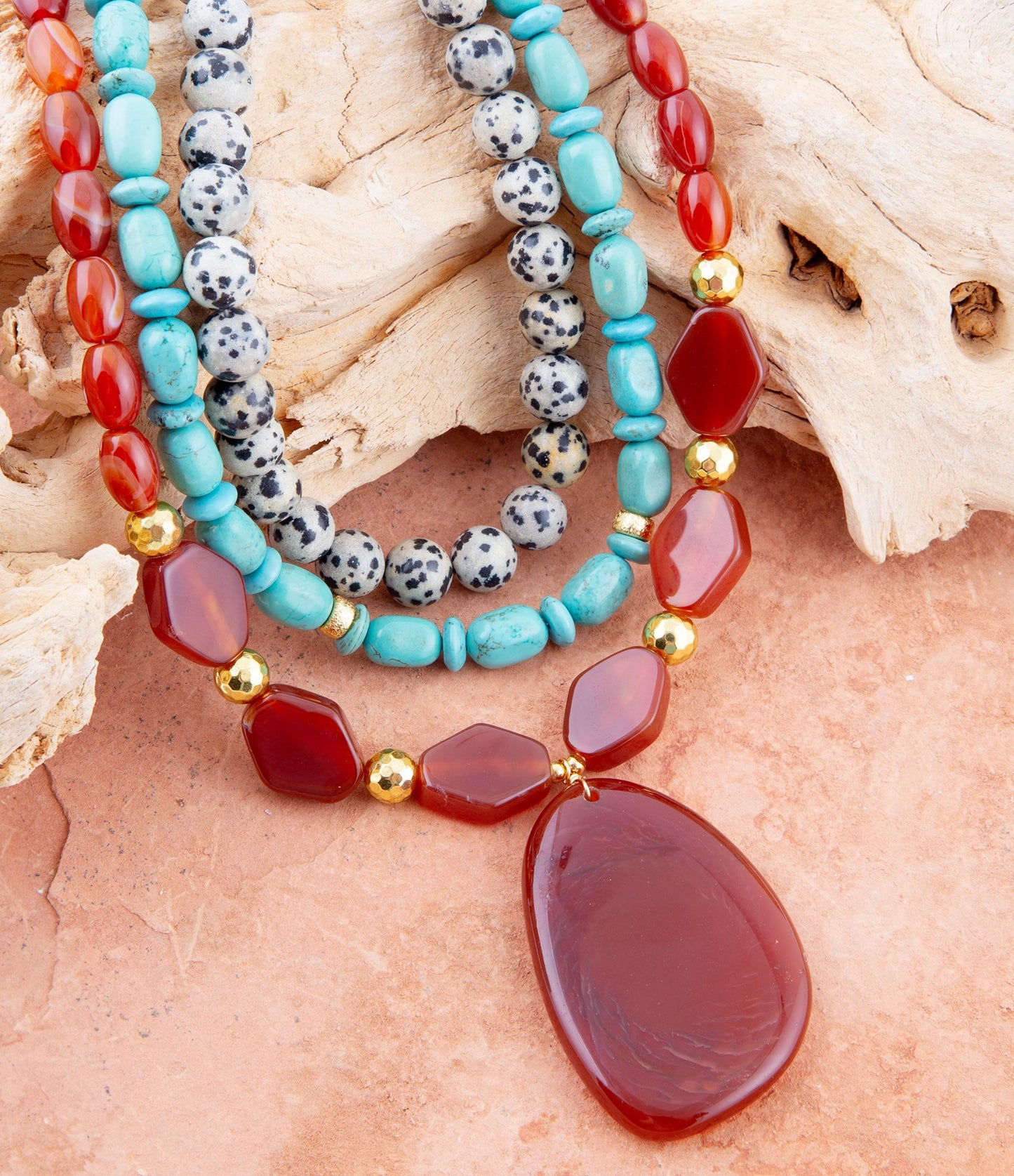 Red Carnelian Colorful Golden Pendant Necklace