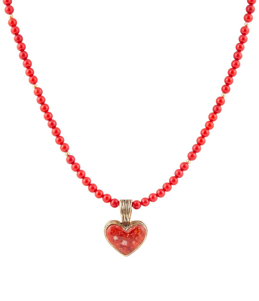 Red Coral Hart Pendant Golden Bronze Necklace