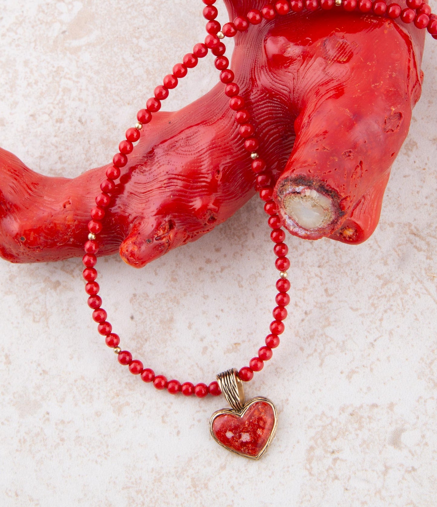 Red Coral Hart Pendant Golden Bronze Necklace