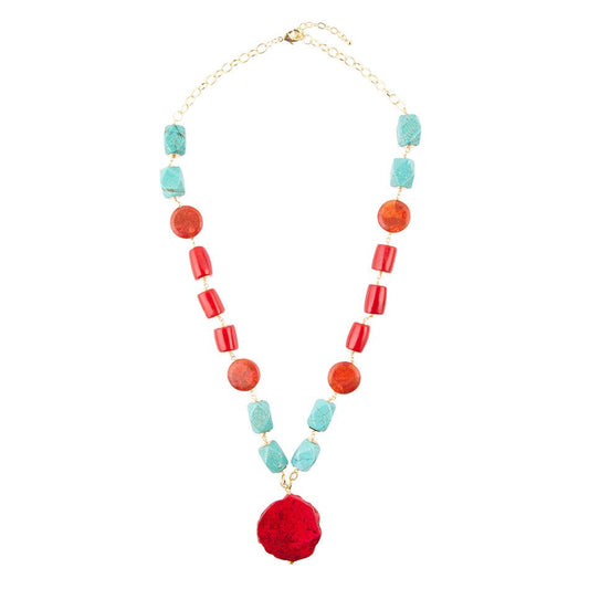 Red River Turquoise and Coral Rosary Pendant Necklace