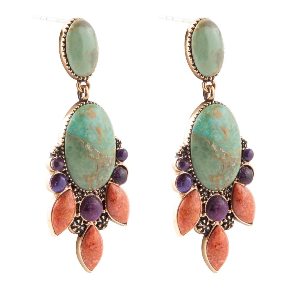 Regalia Blue Turquoise Purple and Orange Coral Goldden Post Drop Earrings