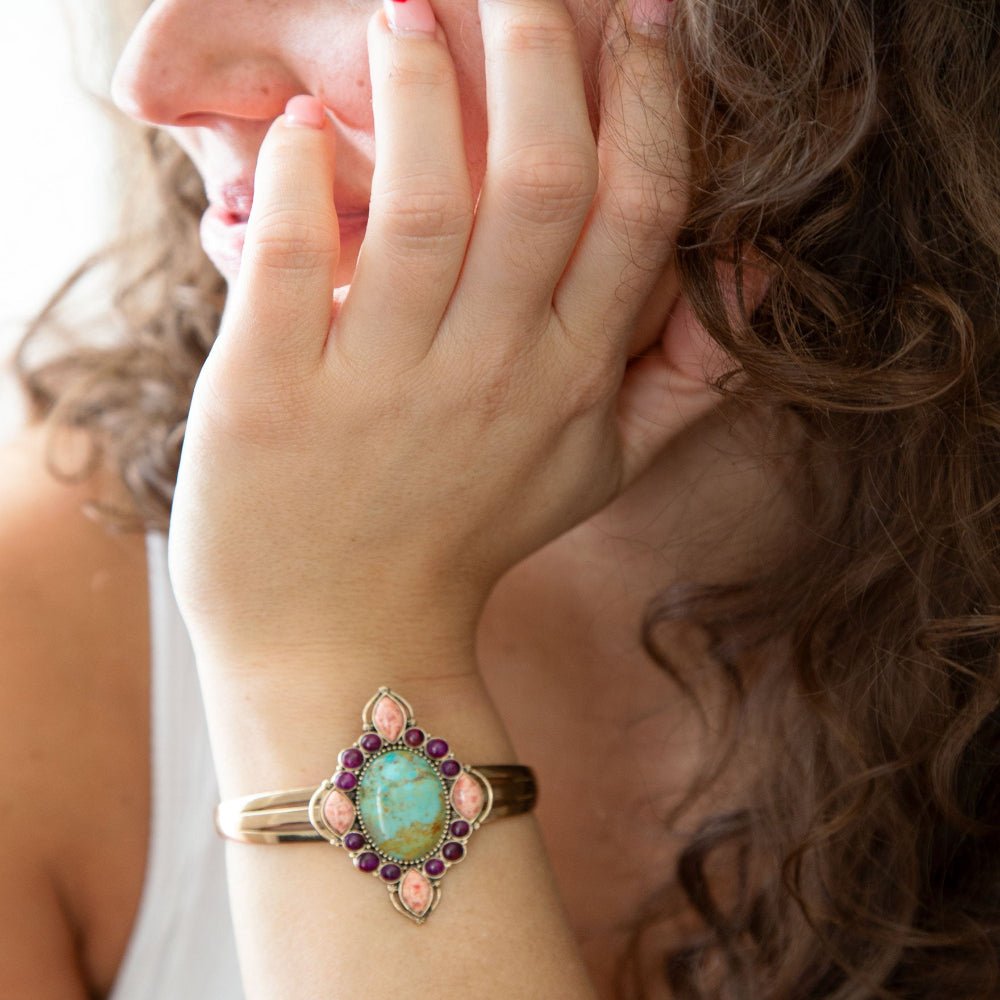Regalia Blue Turquoise Purple and Orange Coral Golden Cuff Bracelet