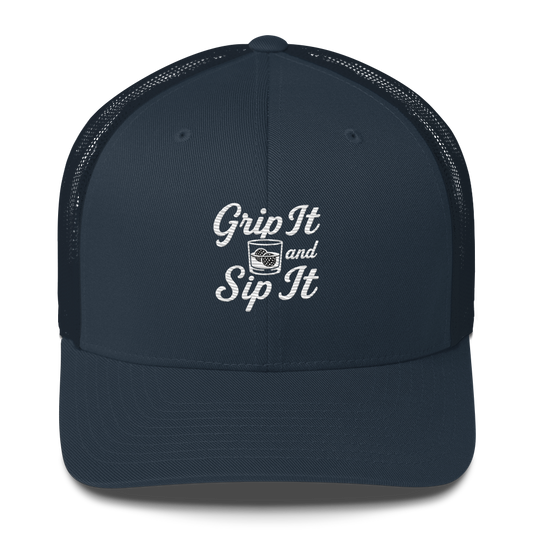 Grip It and Sip It Classic Golf Trucker Hat LXIX GOLF CLUB