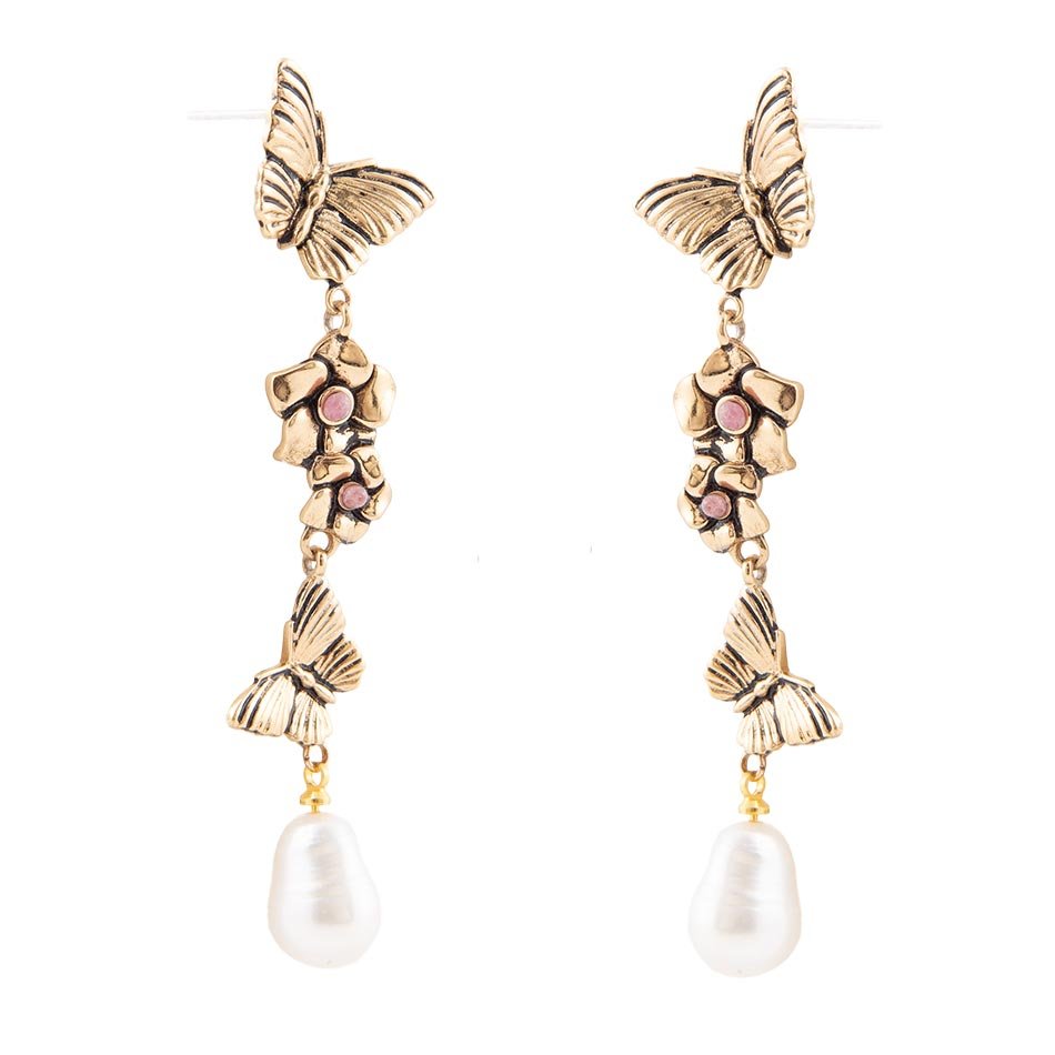 Rhodonite and White Pearl Golden Butterflies Post Drop Earrings