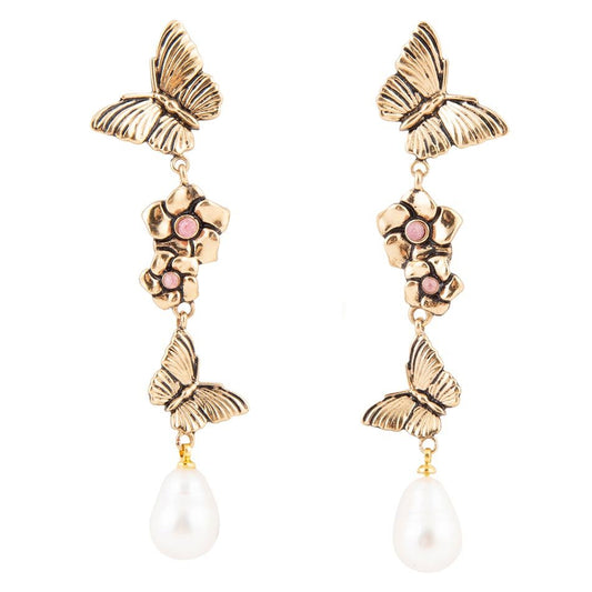 Rhodonite and White Pearl Golden Butterflies Post Drop Earrings