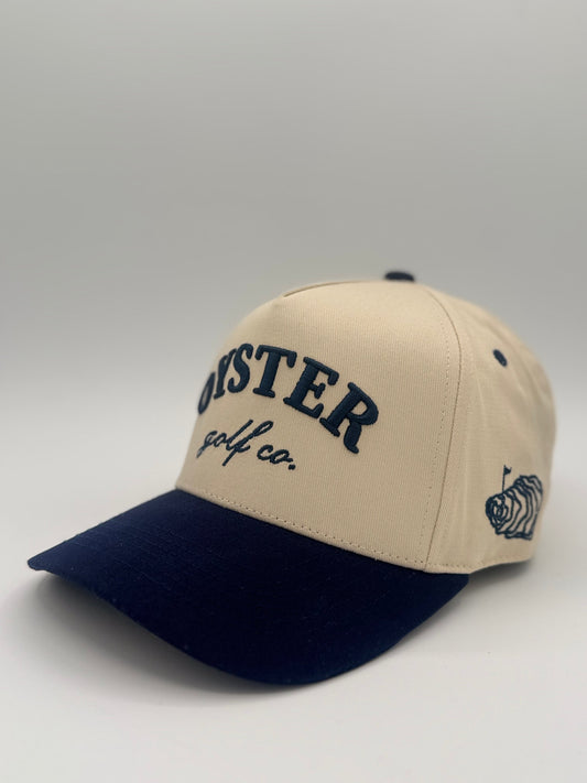 Cotton Twill Two Tone 5 Panel Hat Oyster Golf Co. Sand and Navy