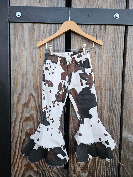 Tri Color Cow Print Double Flare Jean Adjustable Waist