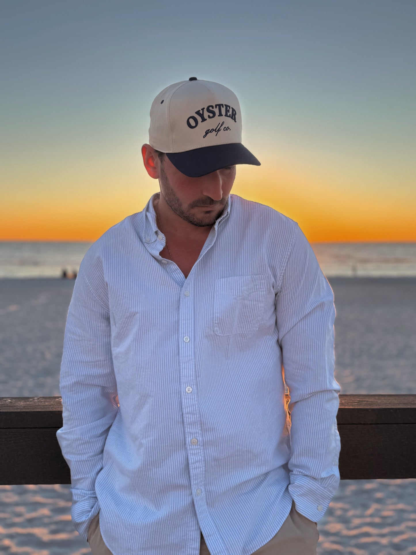 Cotton Twill Two Tone 5 Panel Hat Oyster Golf Co. Sand and Navy