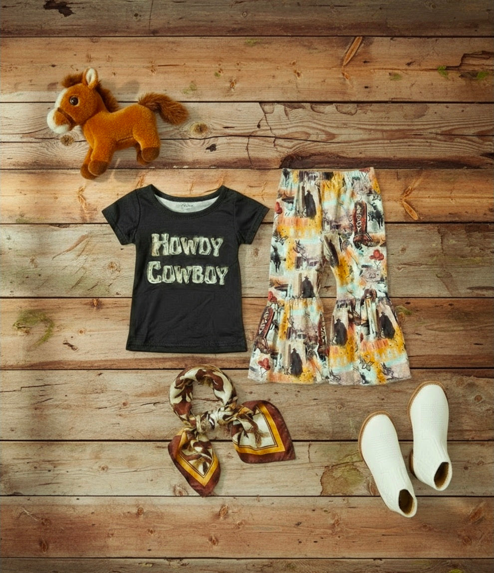 Bell Bottom Set Vintage Print Cowboy Style Howdy Cowboy