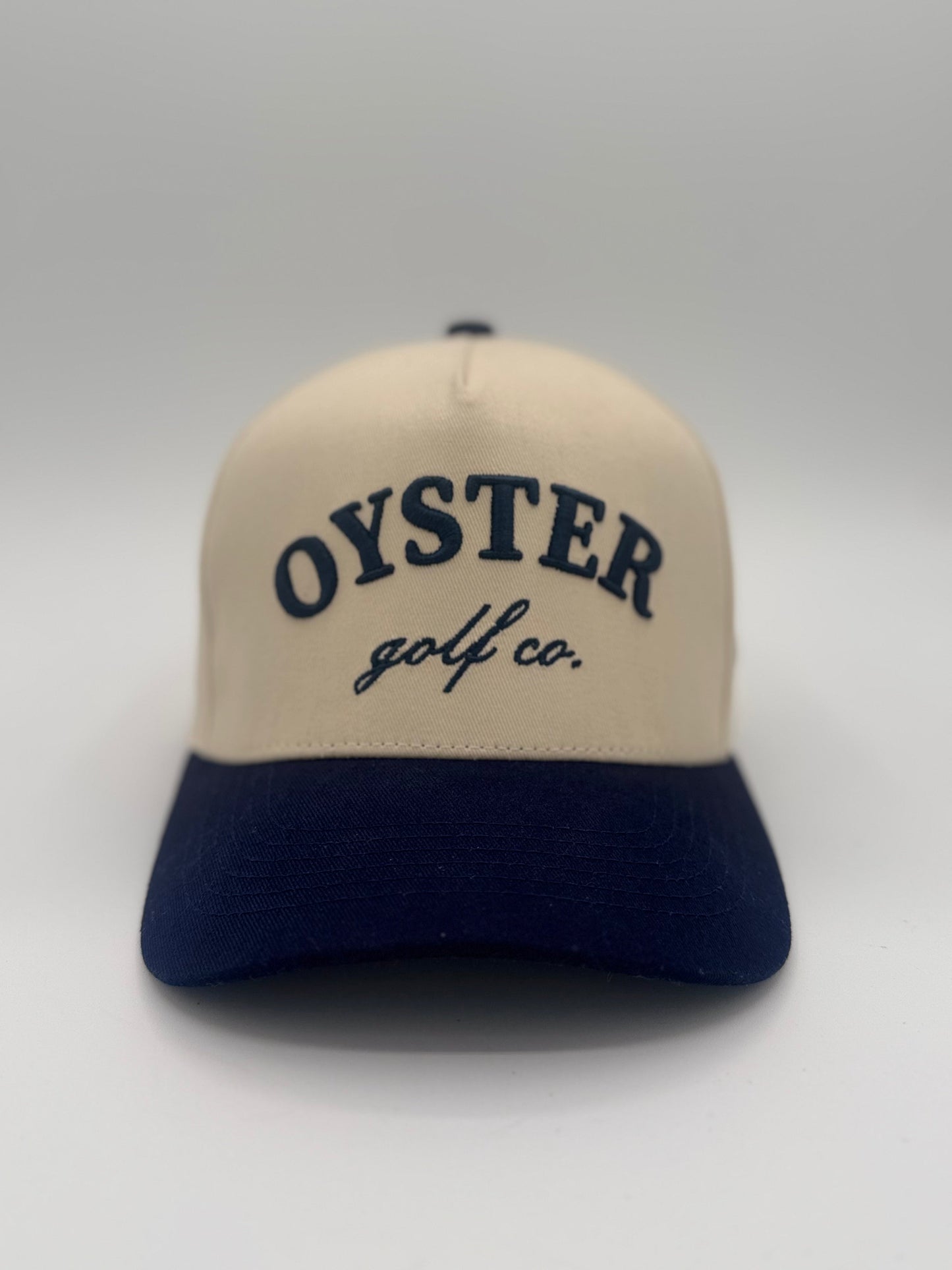 Cotton Twill Two Tone 5 Panel Hat Oyster Golf Co. Sand and Navy