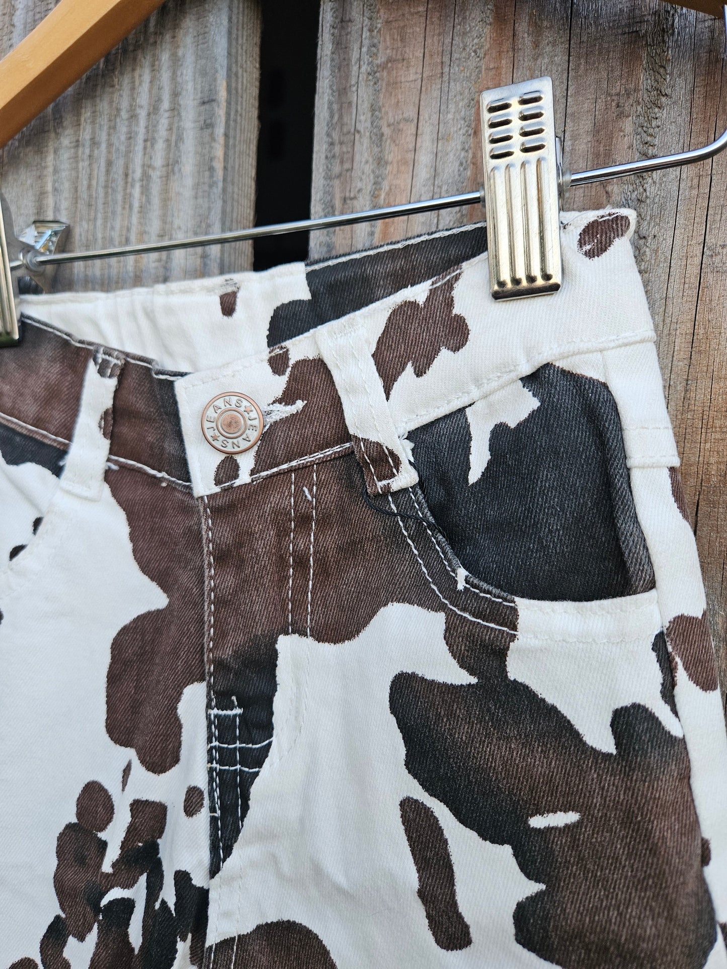 Tri Color Cow Print Double Flare Jean Adjustable Waist