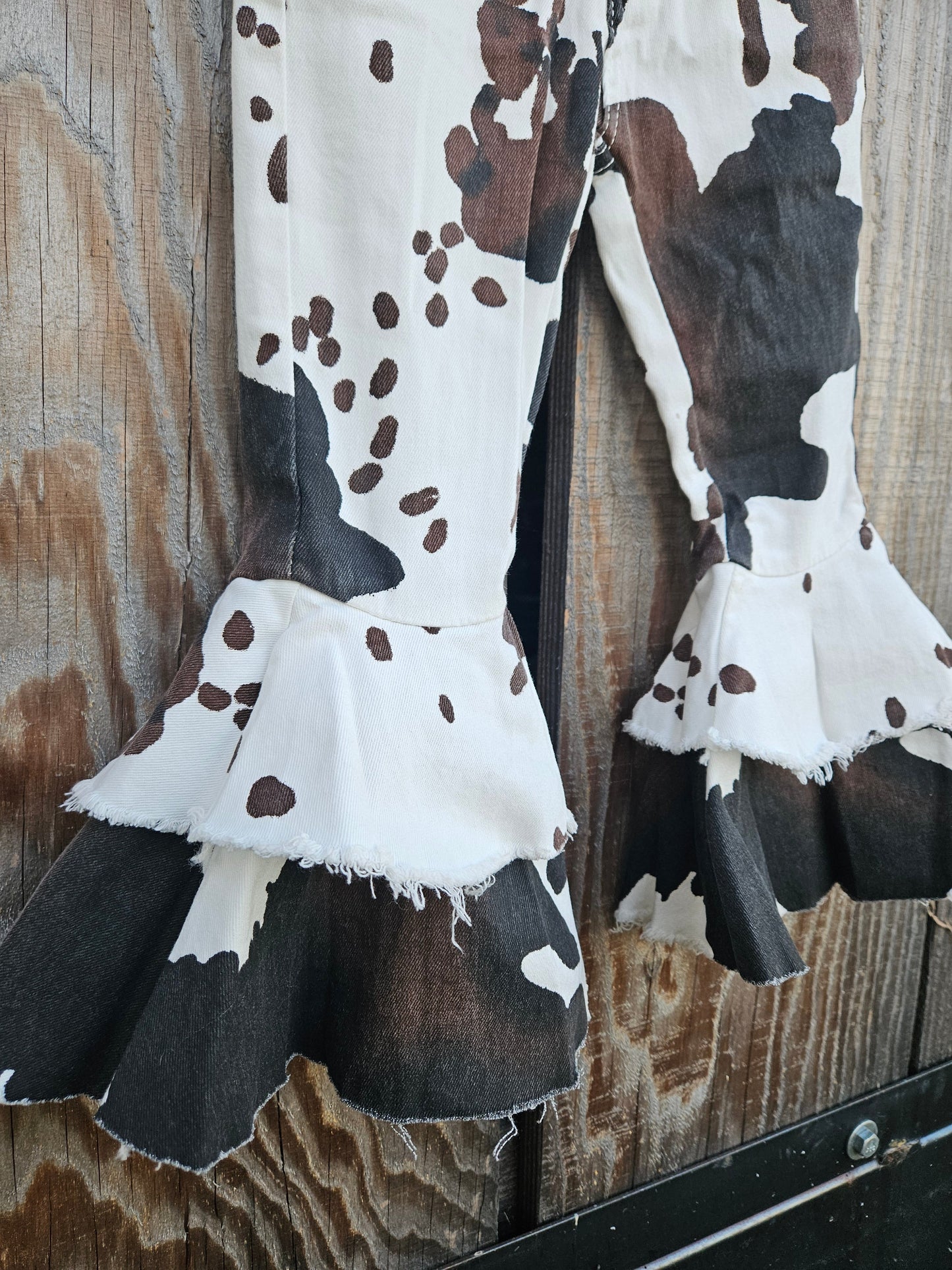 Tri Color Cow Print Double Flare Jean Adjustable Waist