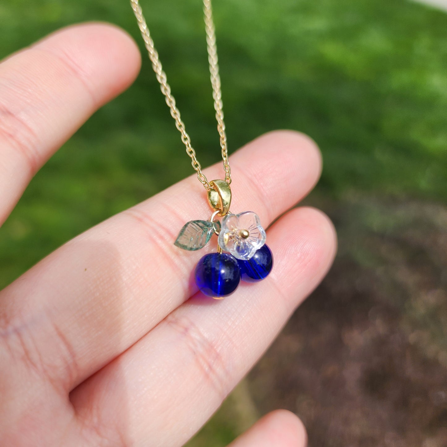 Custom Blueberry Cluster Glass Fruit Necklace 14K Gold Plated