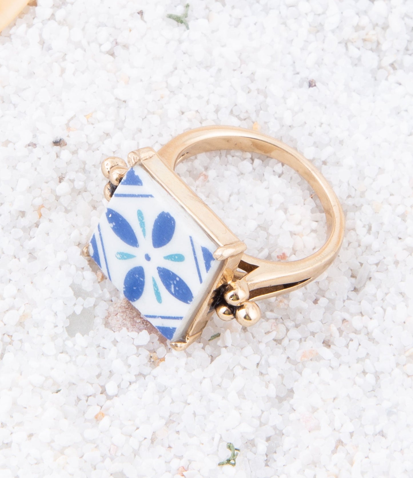 Santorini Blue and White Tile Golden Statement Ring