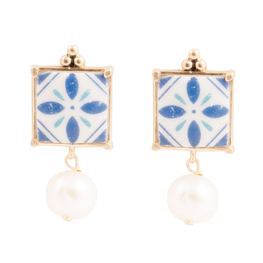 Santorini Dreams Tile Freshwater White Pearl Post Golden Earrings
