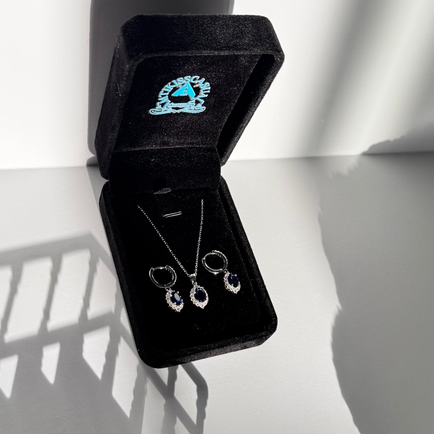 Sapphire Blue 925 Sterling Silver Jewelry Set Hoop Earrings & Pendant Necklace Amtikiss Casuals