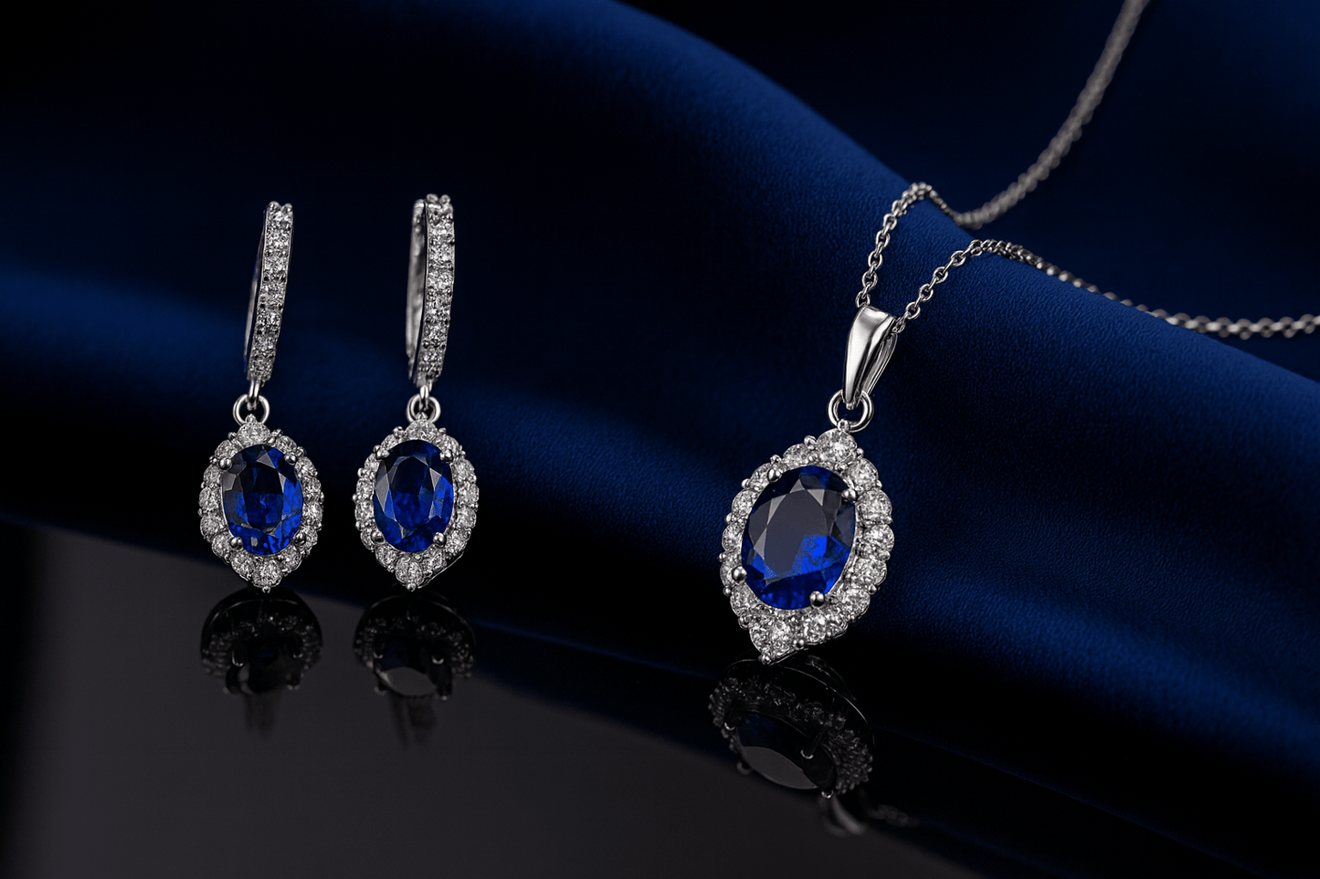Sapphire Blue 925 Sterling Silver Jewelry Set Hoop Earrings & Pendant Necklace Amtikiss Casuals