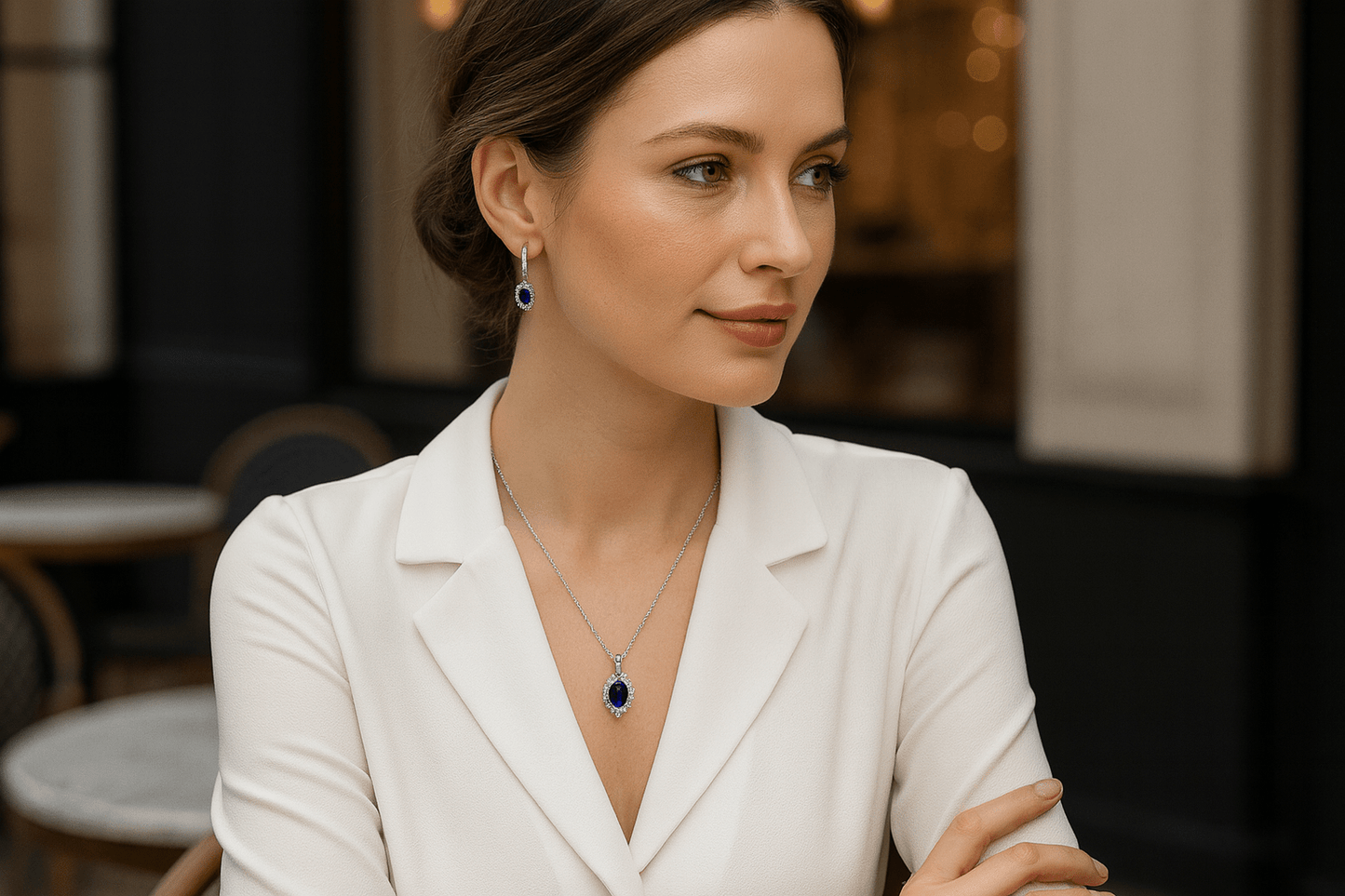 Sapphire Blue 925 Sterling Silver Jewelry Set Hoop Earrings & Pendant Necklace Amtikiss Casuals