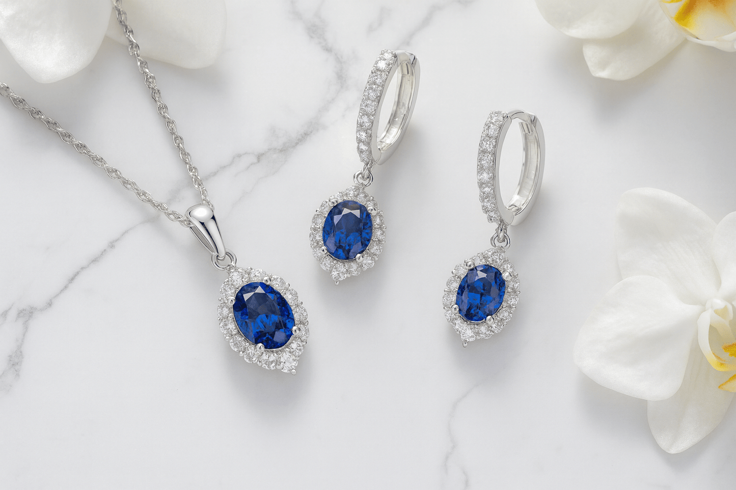 Sapphire Blue 925 Sterling Silver Jewelry Set Hoop Earrings & Pendant Necklace Amtikiss Casuals