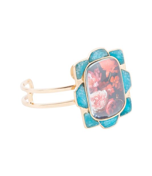 Scenic Red Floral Blue Apatite Golden Cuff Bracelet