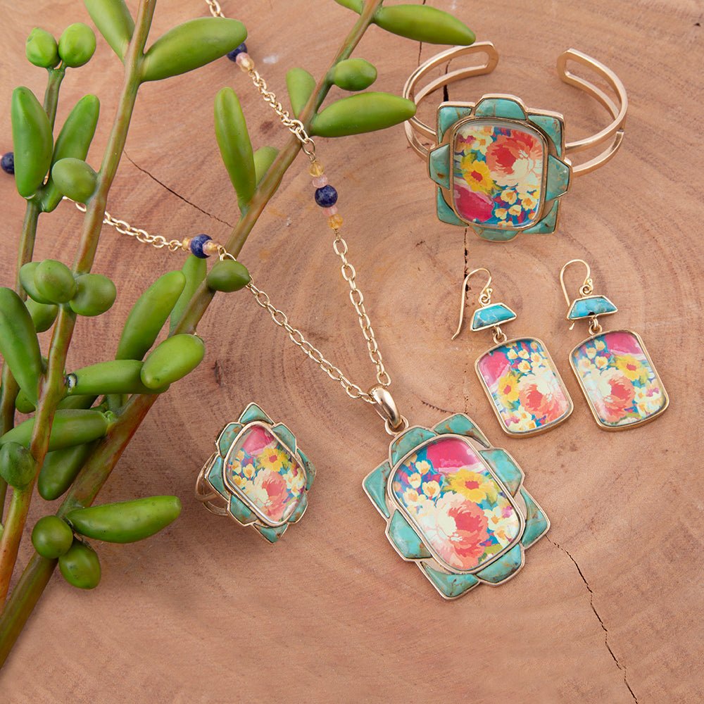 Scenic Floral Blue Turquoise Golden Earrings