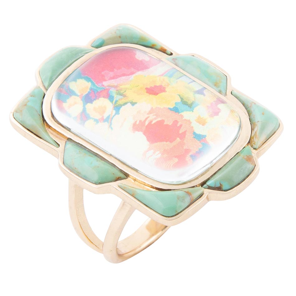 Scenic Floral Blue Turquoise Golden Ring