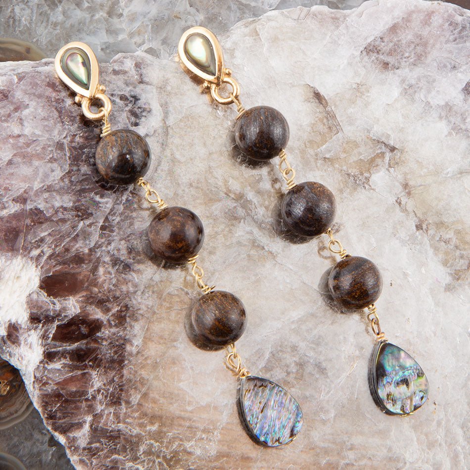 Sepia Sea Blue Abalone Post Golden Drop Earrings