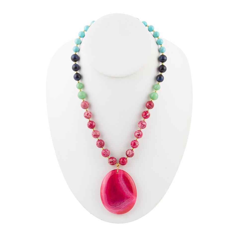 Serape Multi-Stone Pink Magenta Agate Pendant Necklace