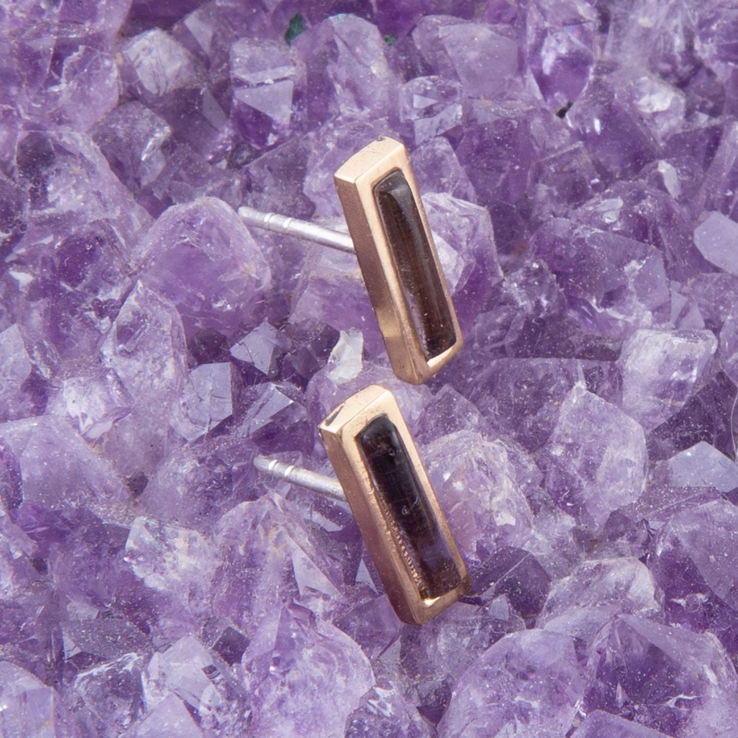 Short Linear Amethyst and Bronze Stud