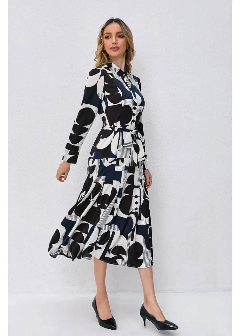Abstract Harmony Navy White Geometric Midi Dress