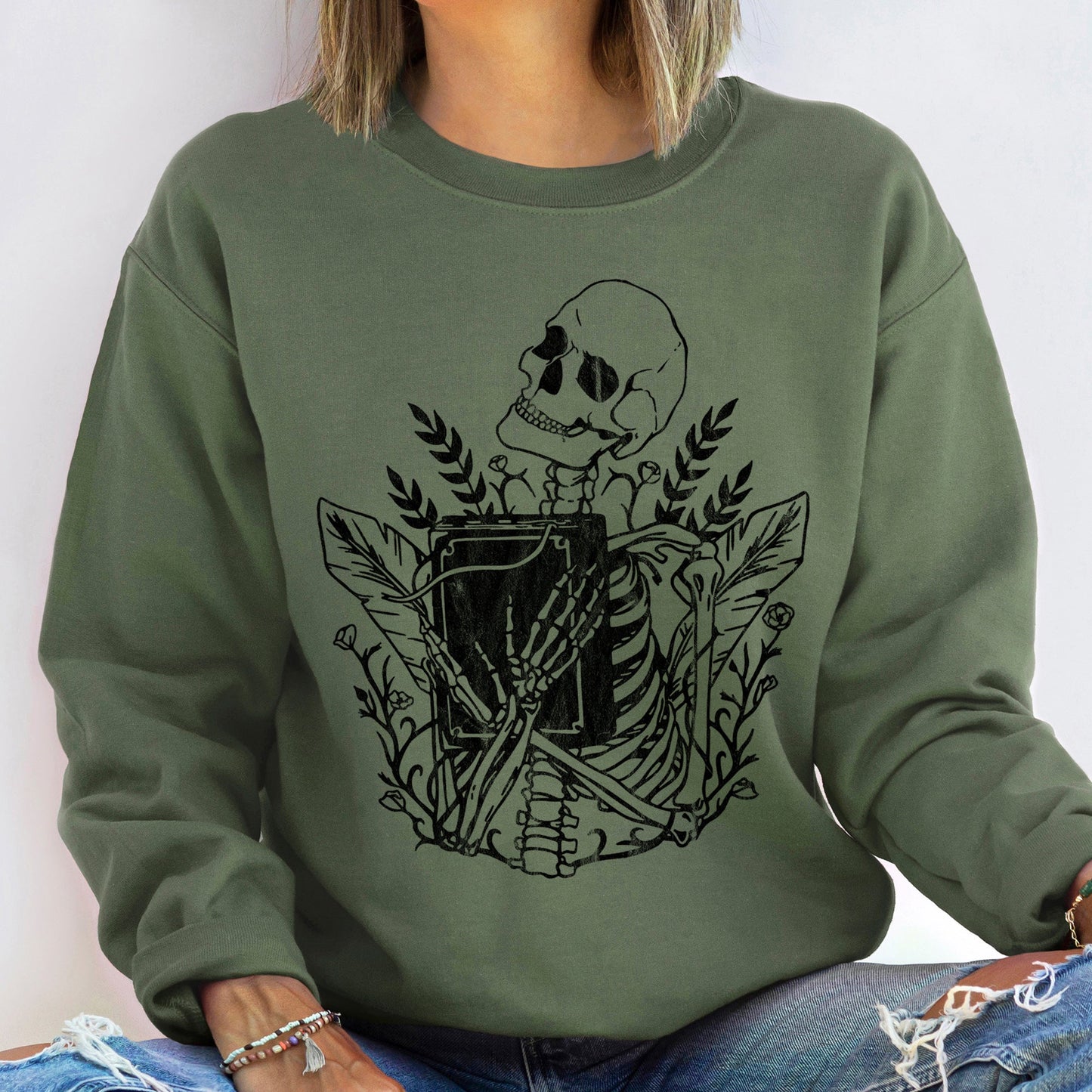 Reading Skeleton Vintage Halloween Sweatshirt