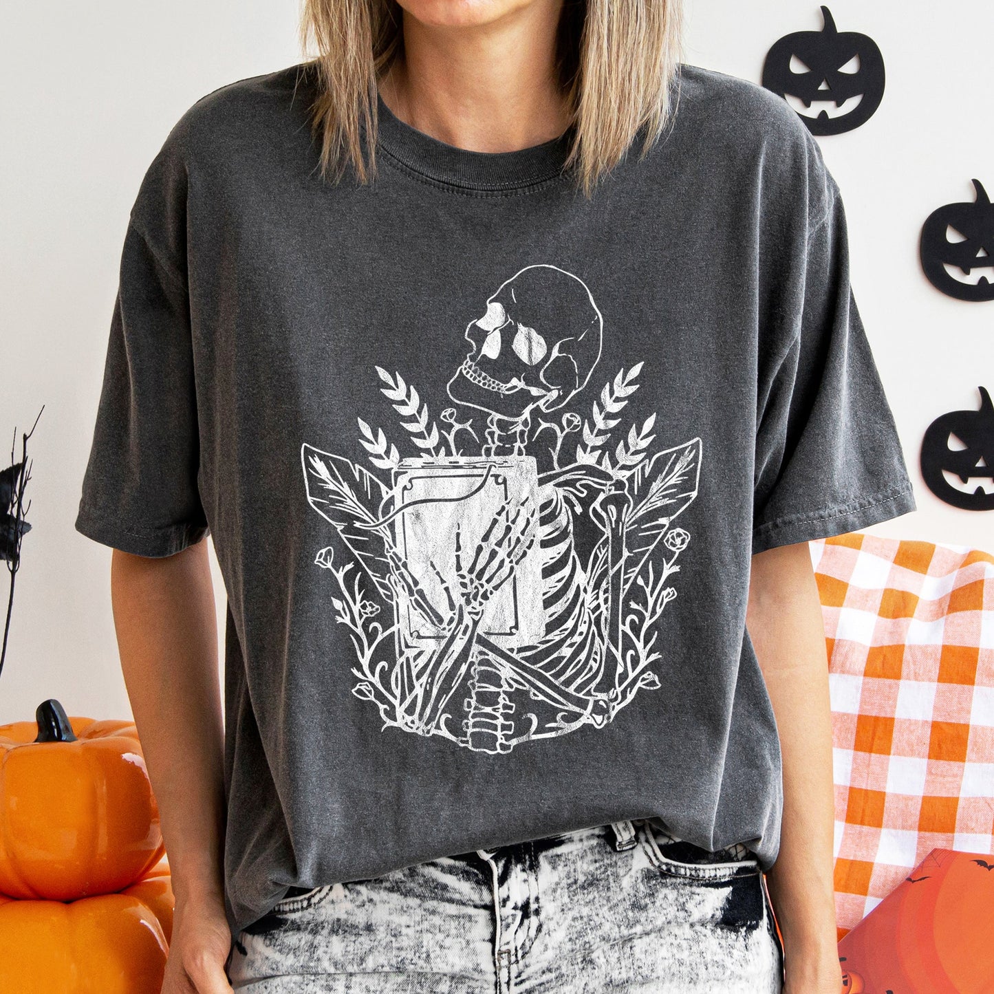 Skeleton And The Book Retro Halloween Comfort Colors Tshirt