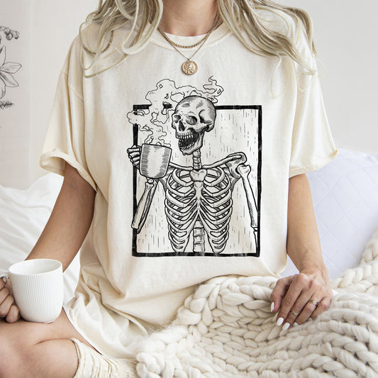 Skeleton And Coffee Retro Halloween Comfort Colors Tshirt