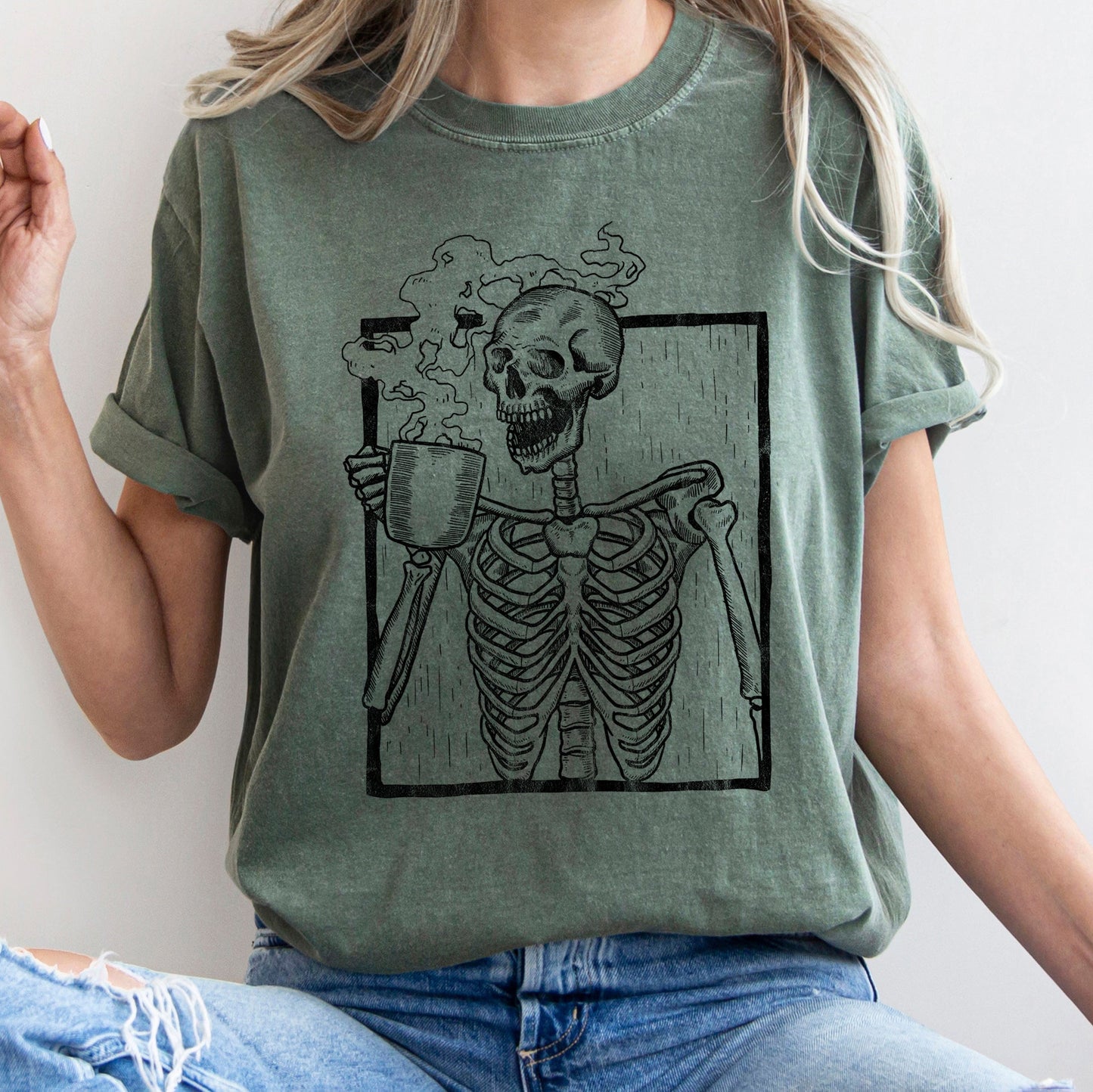 Skeleton And Coffee Retro Halloween Comfort Colors Tshirt
