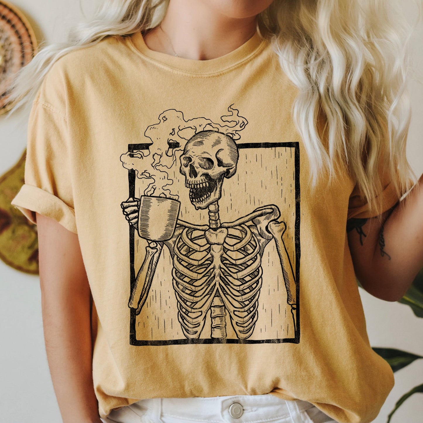 Skeleton And Coffee Retro Halloween Comfort Colors Tshirt