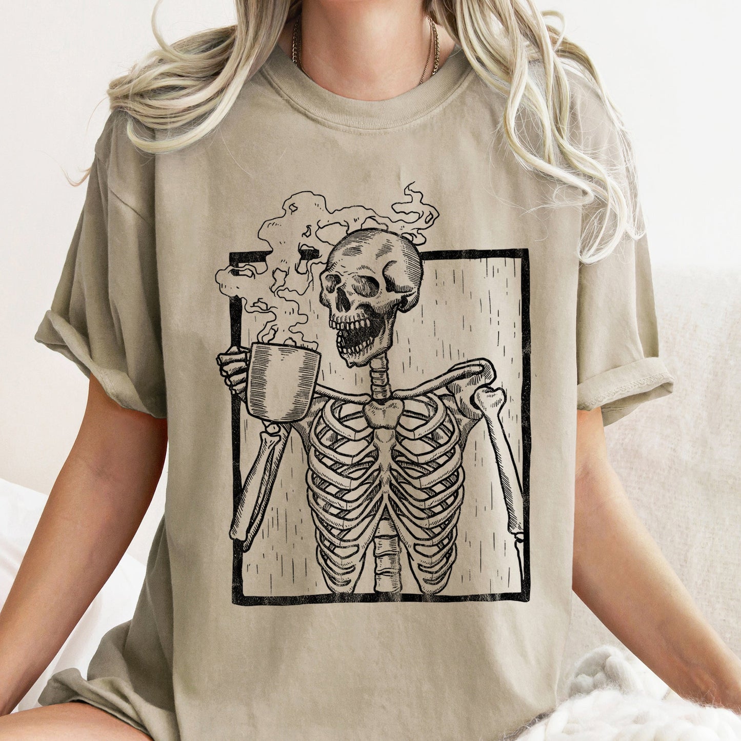 Skeleton And Coffee Retro Halloween Comfort Colors Tshirt