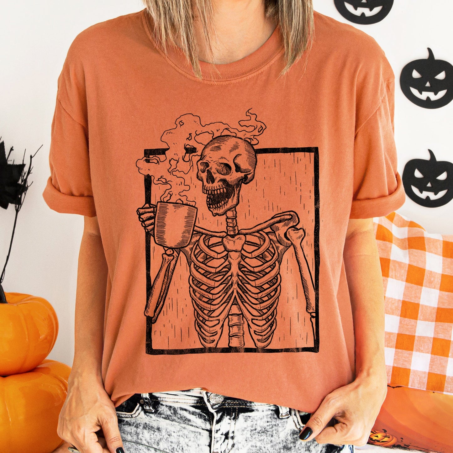 Skeleton And Coffee Retro Halloween Comfort Colors Tshirt