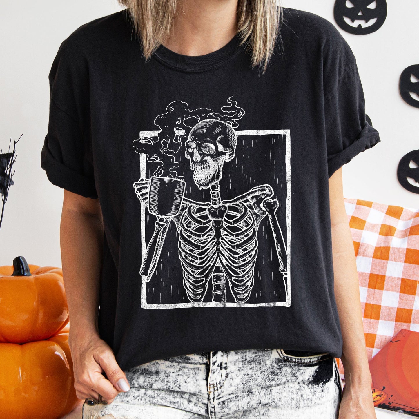 Skeleton And Coffee Retro Halloween Comfort Colors Tshirt