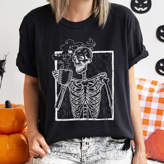 Skeleton And Coffee Retro Halloween Comfort Colors Tshirt