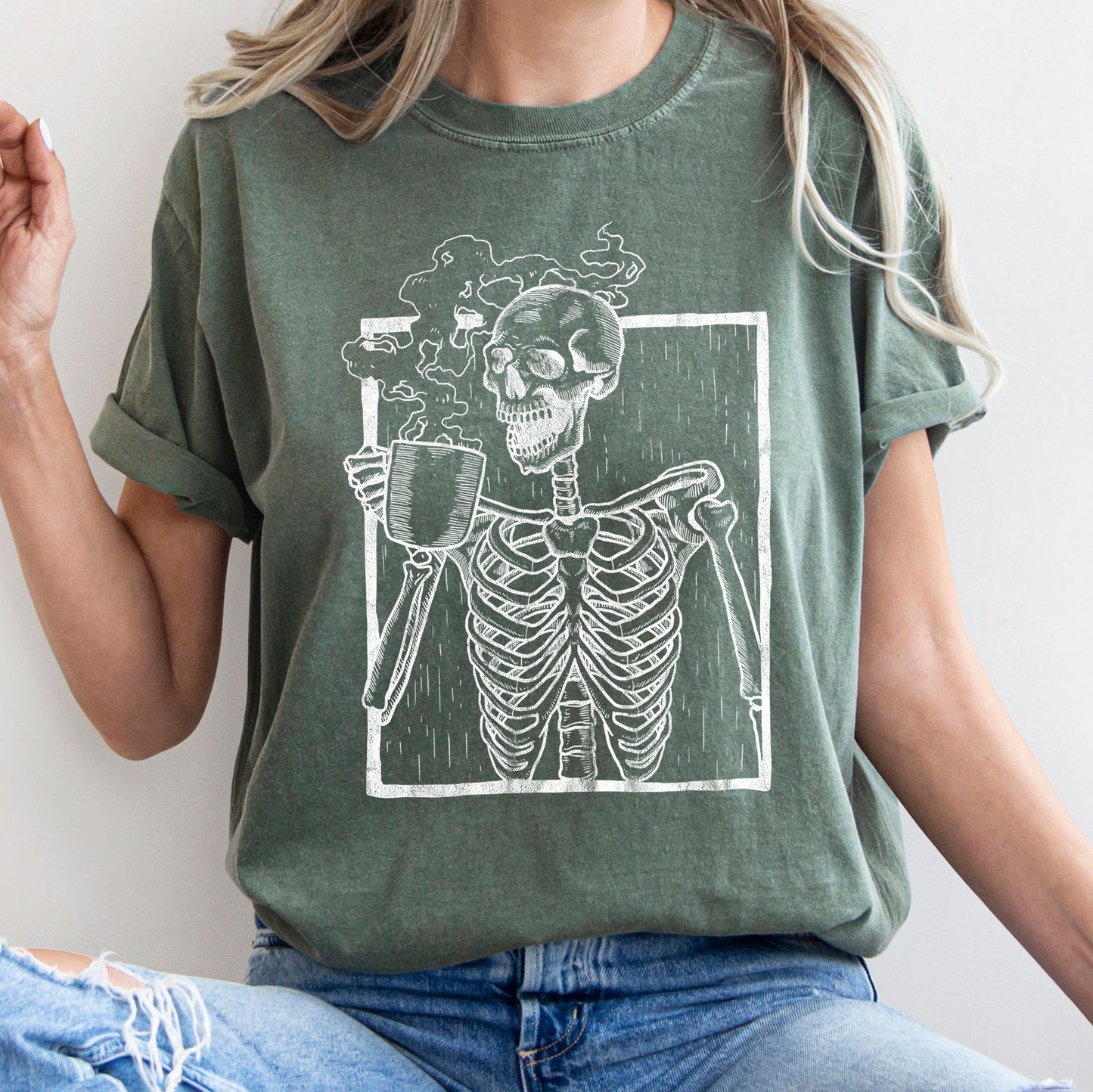 Skeleton And Coffee Retro Halloween Comfort Colors Tshirt