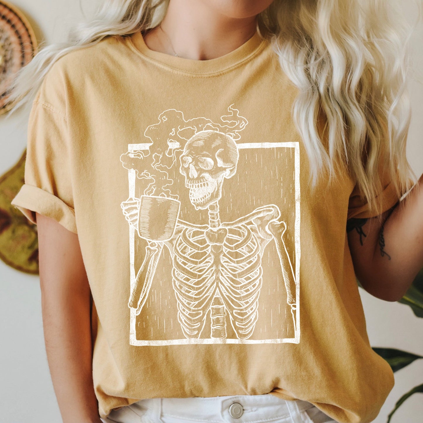 Skeleton And Coffee Retro Halloween Comfort Colors Tshirt