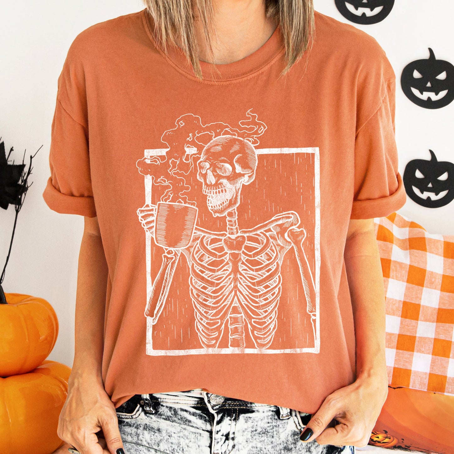 Skeleton And Coffee Retro Halloween Comfort Colors Tshirt
