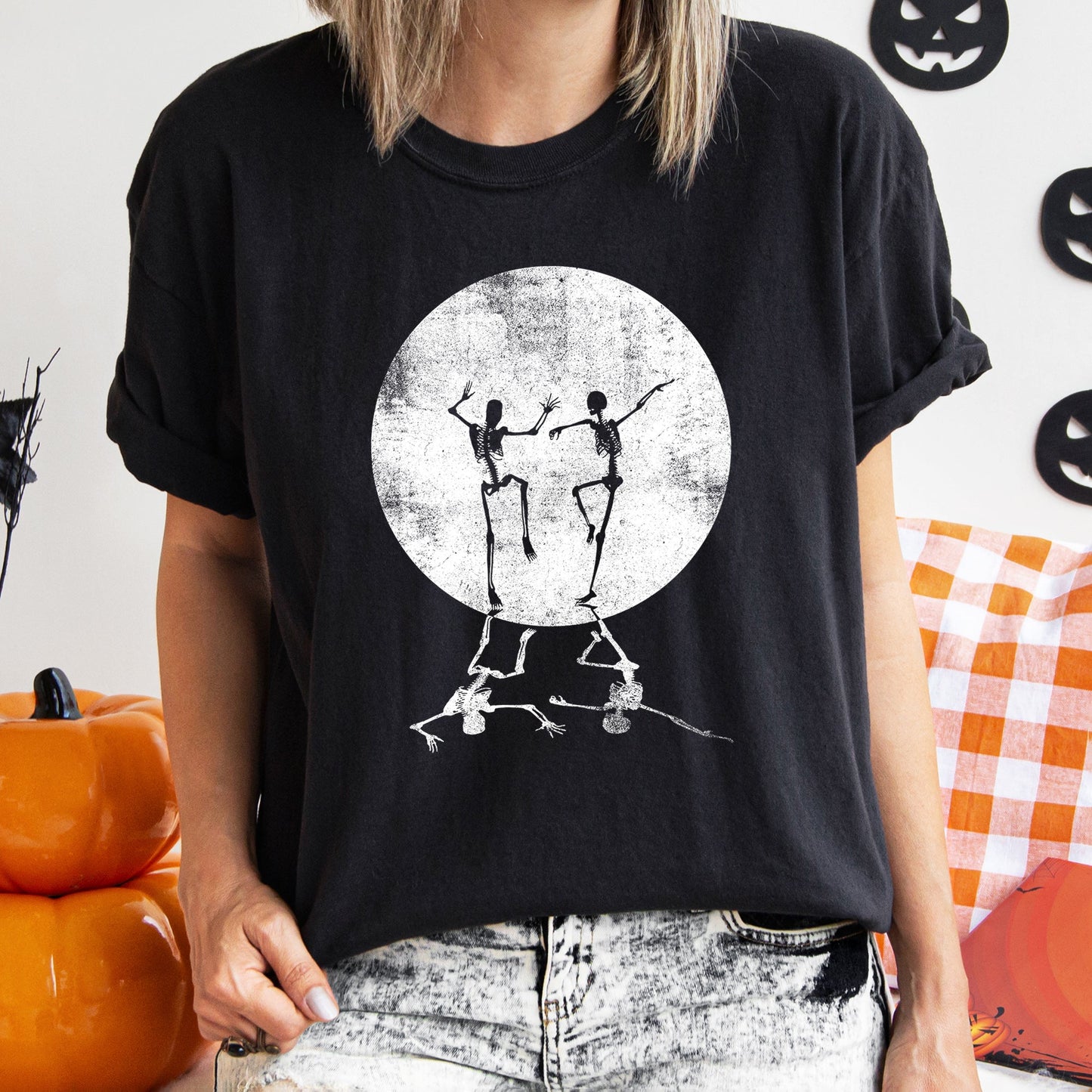 Skeletons Dancing Moonlight Retro Comfort Colors Halloween Tshirt