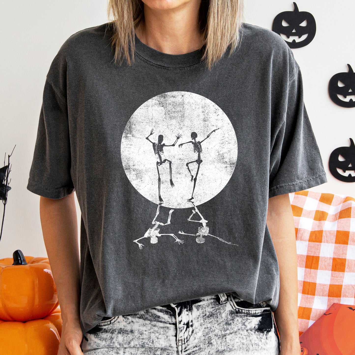 Skeletons Dancing Moonlight Retro Comfort Colors Halloween Tshirt