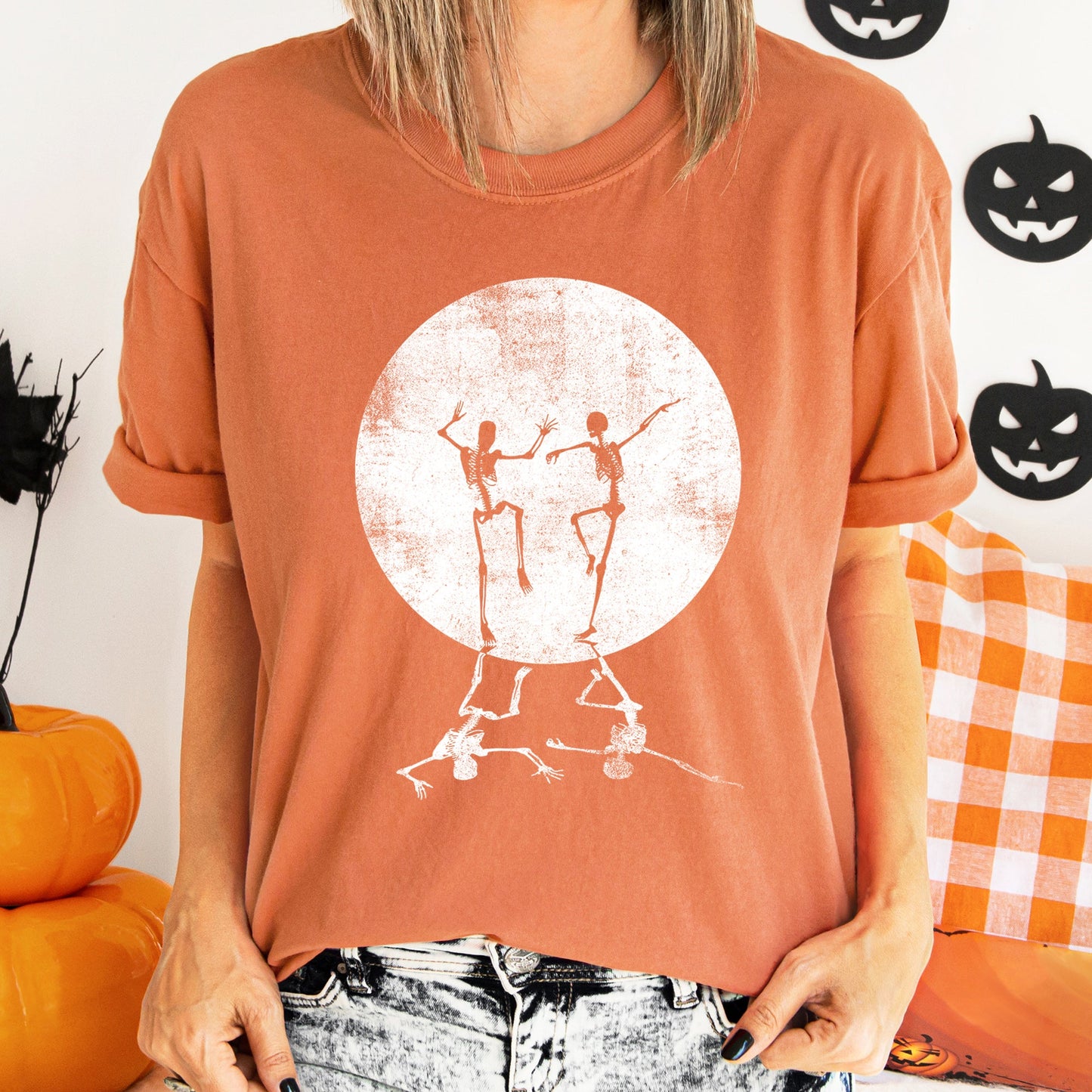 Skeletons Dancing Moonlight Retro Comfort Colors Halloween Tshirt