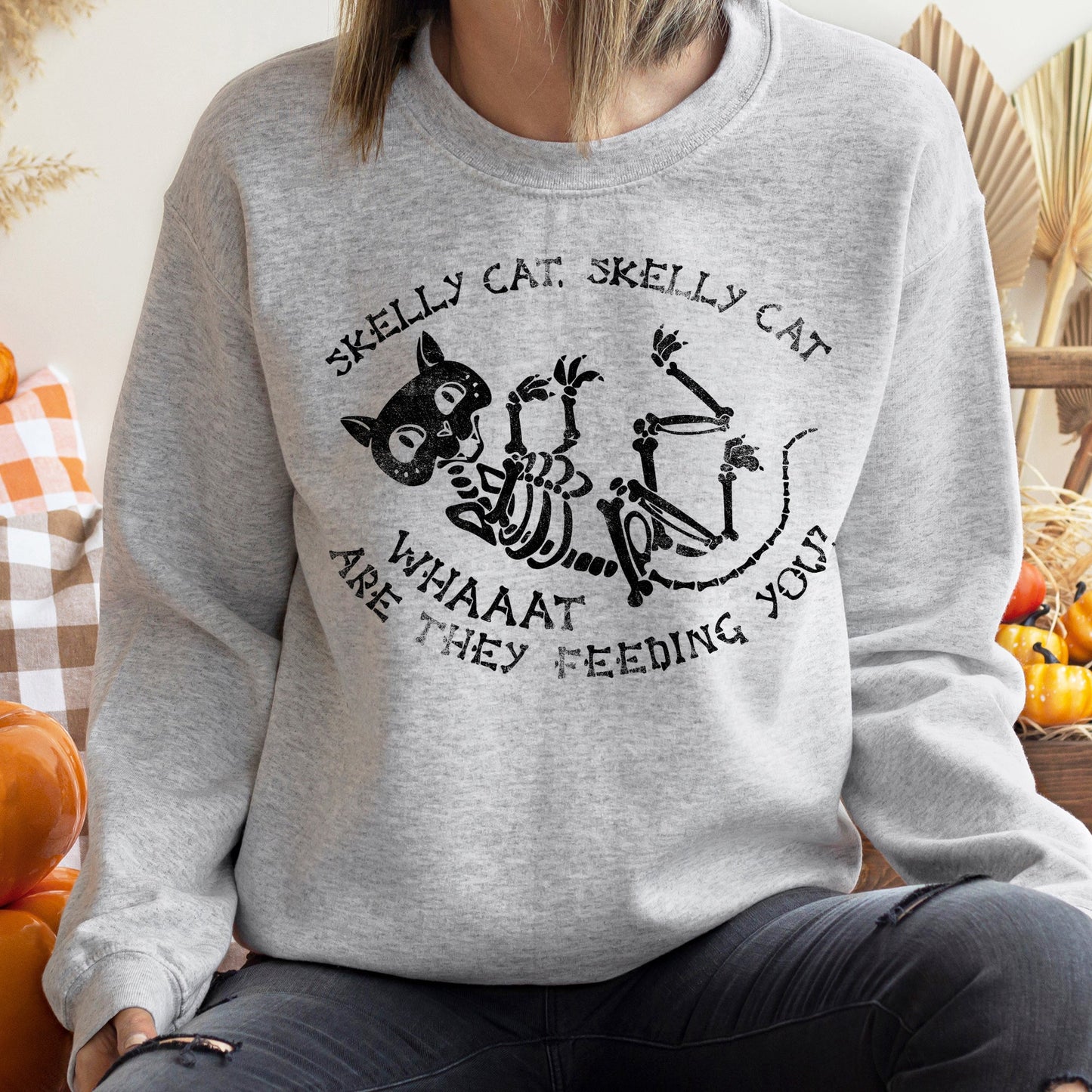Skelly Cat Vintage Halloween Sweatshirt Unisex Cozy Cotton Blend
