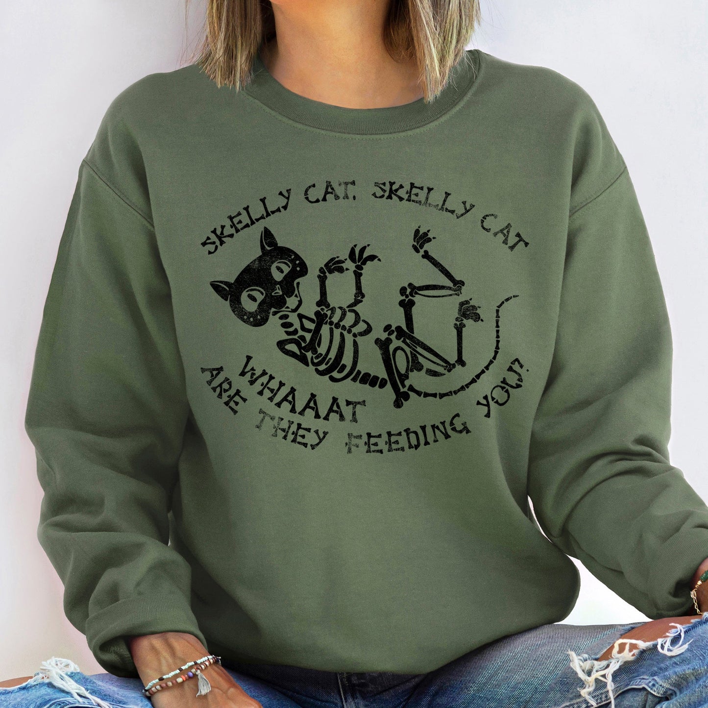 Skelly Cat Vintage Halloween Sweatshirt Unisex Cozy Cotton Blend