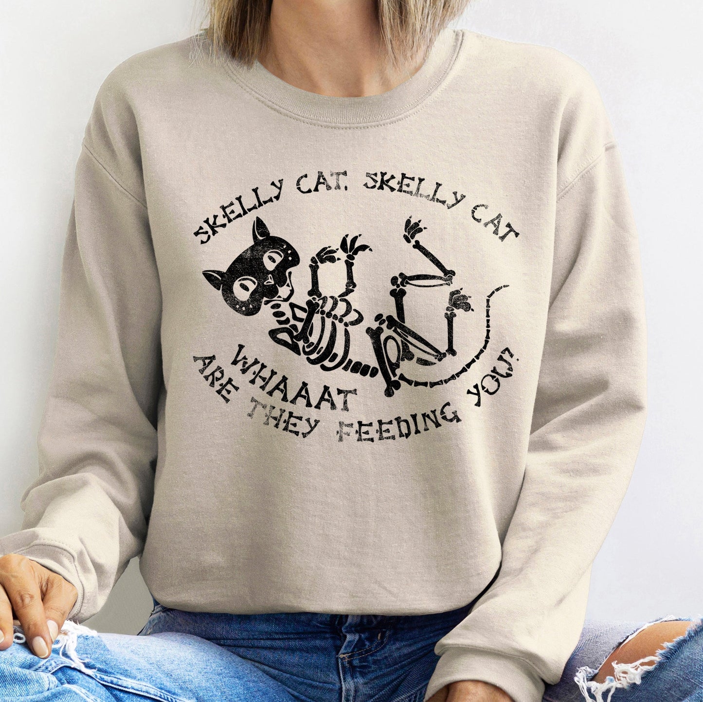 Skelly Cat Vintage Halloween Sweatshirt Unisex Cozy Cotton Blend