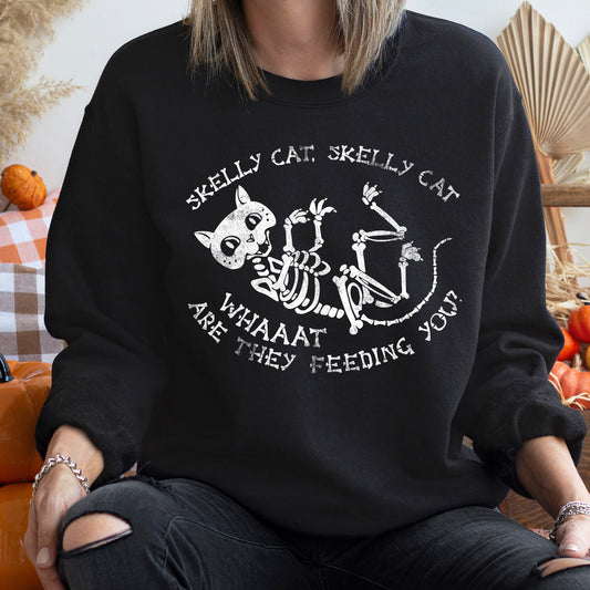Skelly Cat Halloween Sweatshirt Cozy Pullover Gildan