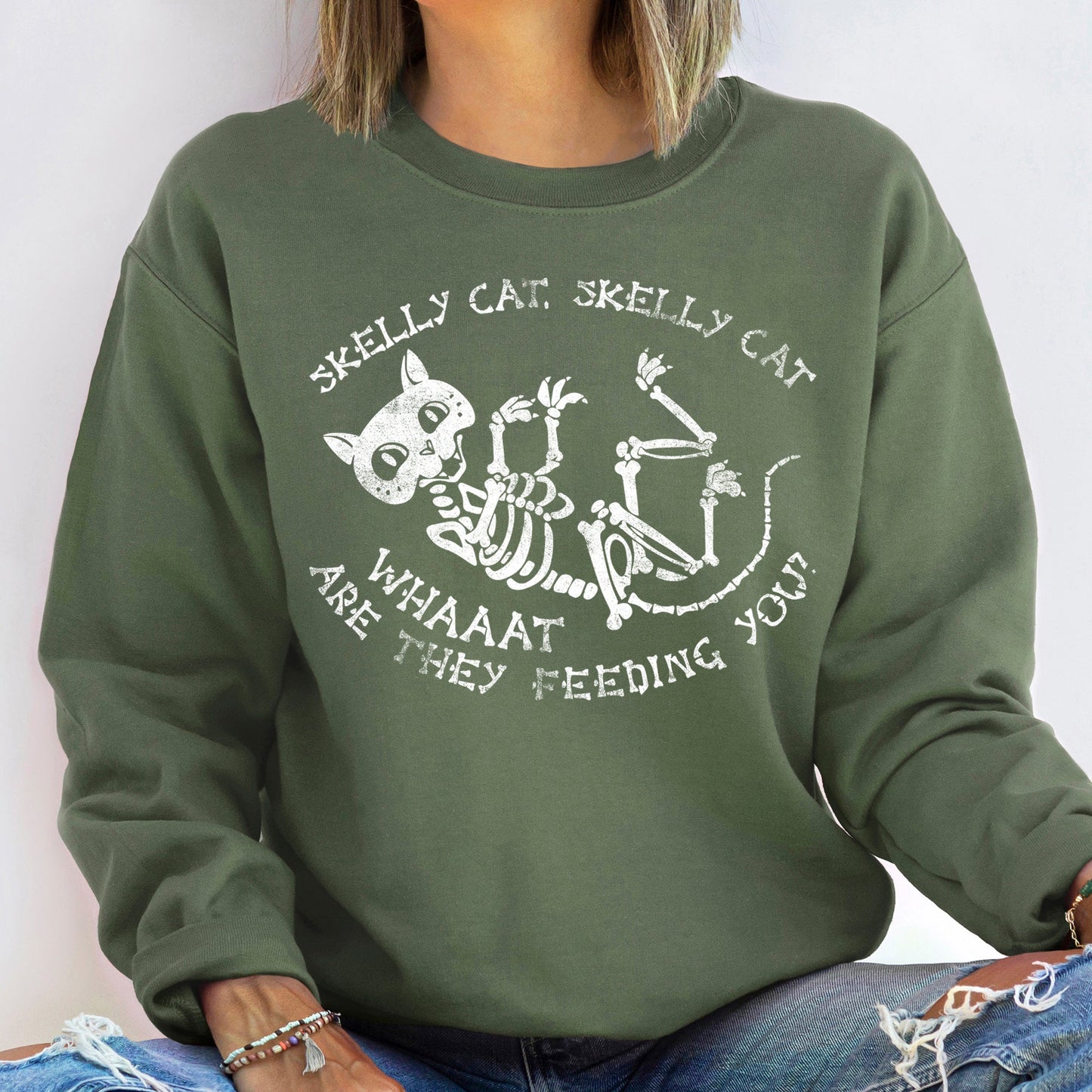 Skelly Cat Halloween Sweatshirt Cozy Pullover Gildan